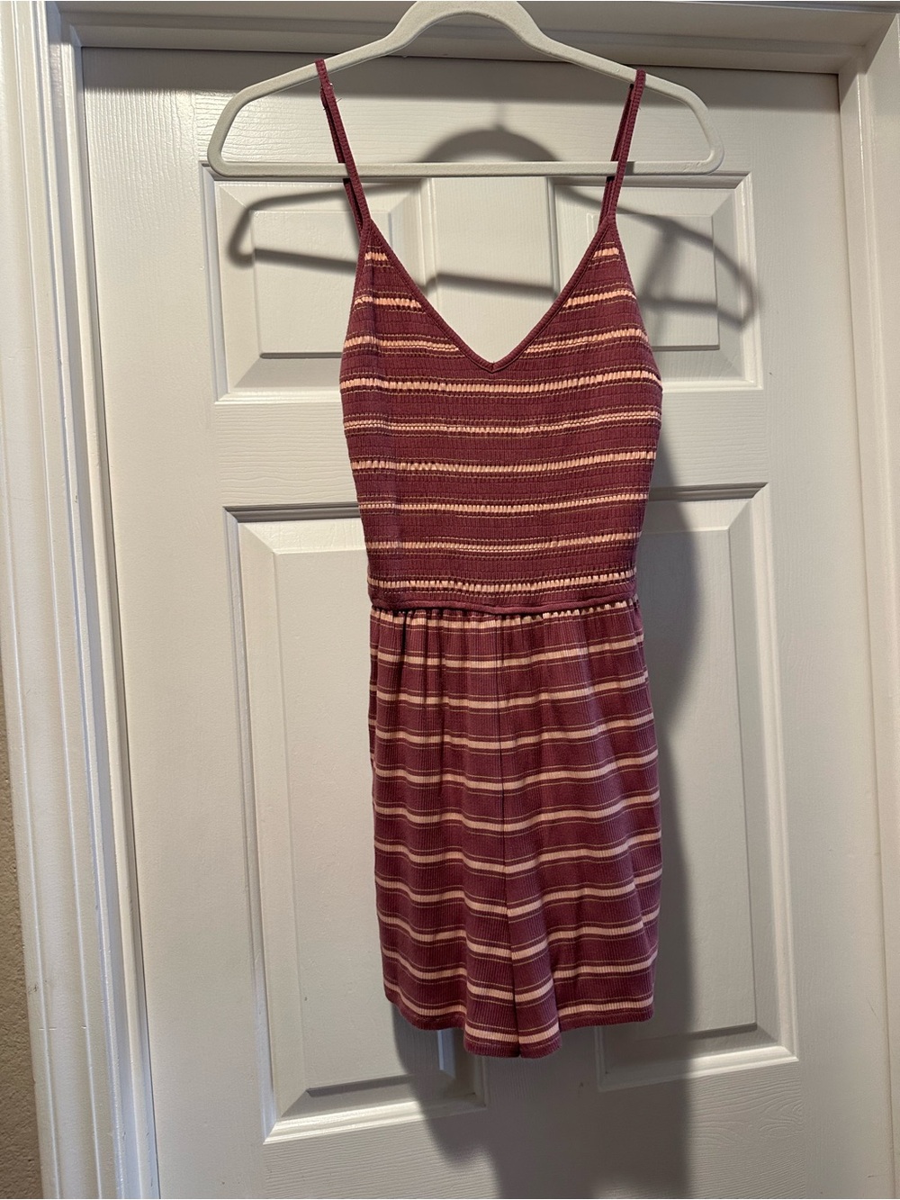Striped V-Neck Spaghetti Strap Romper in Burgundy and Cream